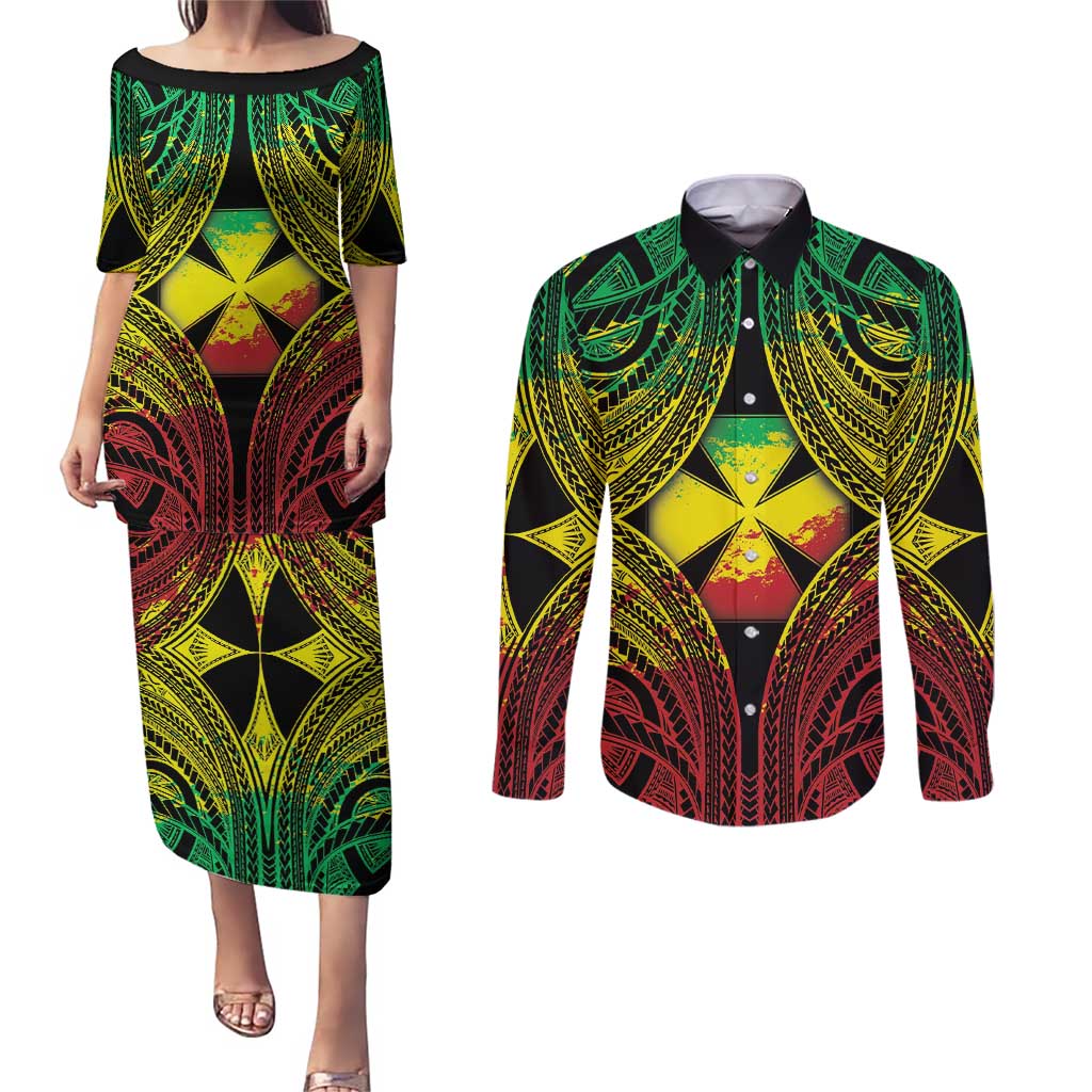 Personalised Wallis and Futuna Territory Day Couples Matching Puletasi and Long Sleeve Button Shirt Polynesian Pattern Simple Style LT05 Reggae - Polynesian Pride
