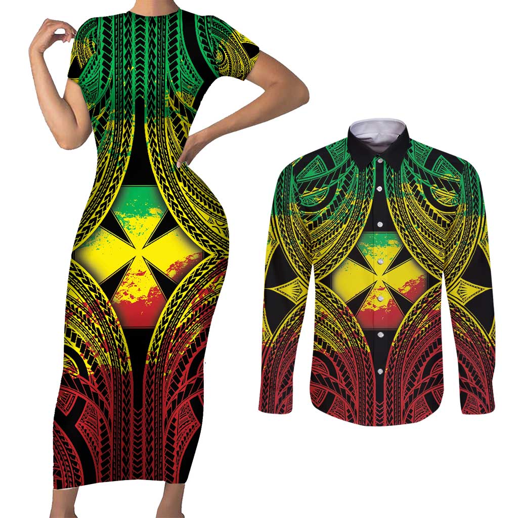 Personalised Wallis and Futuna Territory Day Couples Matching Short Sleeve Bodycon Dress and Long Sleeve Button Shirt Polynesian Pattern Simple Style LT05 Reggae - Polynesian Pride