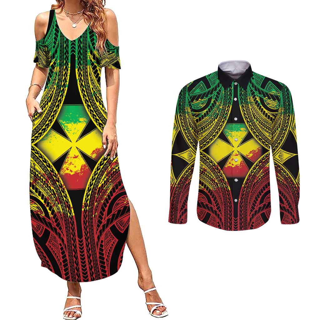 Personalised Wallis and Futuna Territory Day Couples Matching Summer Maxi Dress and Long Sleeve Button Shirt Polynesian Pattern Simple Style LT05 Reggae - Polynesian Pride