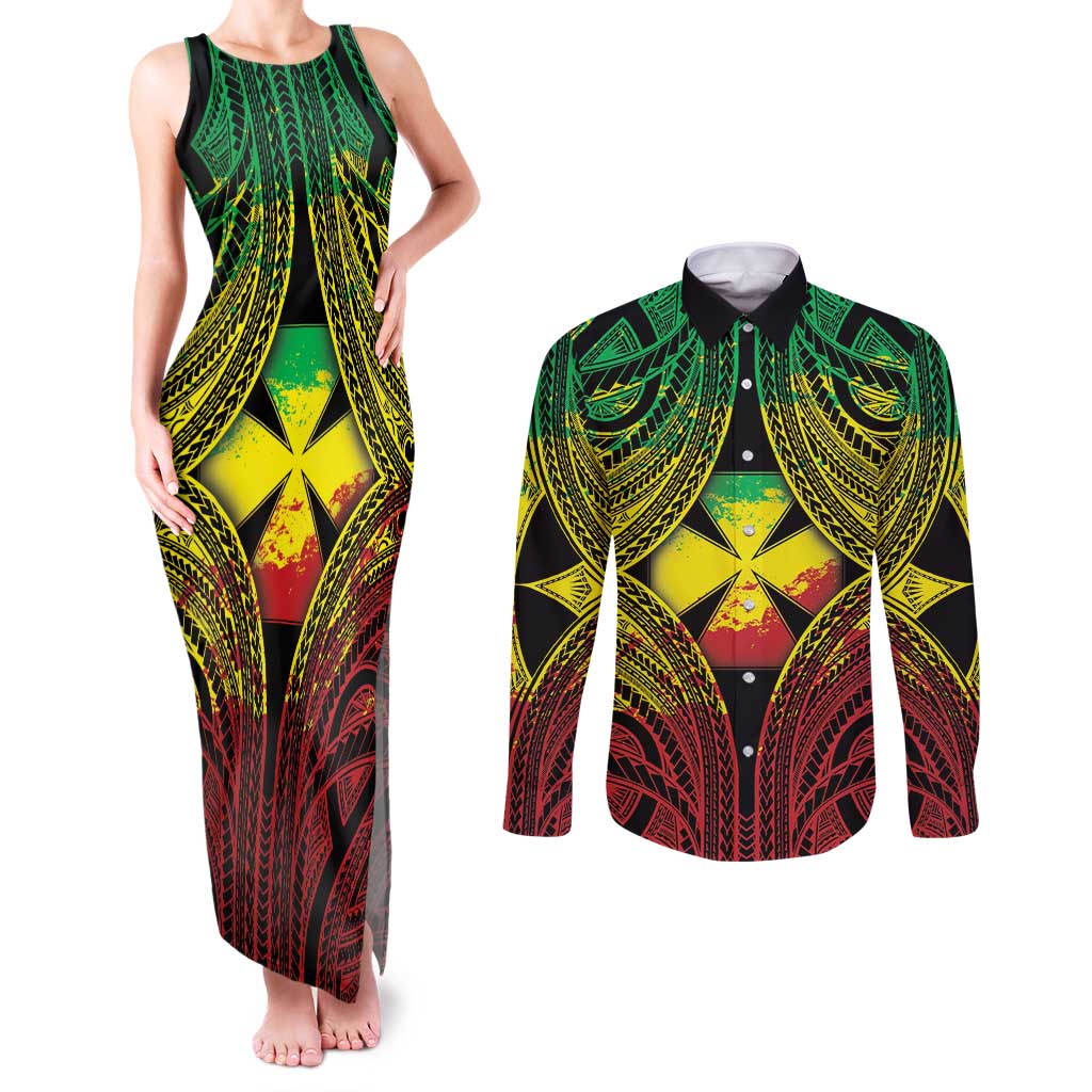 Personalised Wallis and Futuna Territory Day Couples Matching Tank Maxi Dress and Long Sleeve Button Shirt Polynesian Pattern Simple Style LT05 Reggae - Polynesian Pride