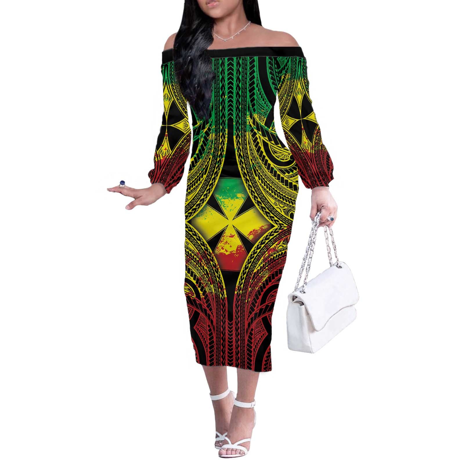 Personalised Wallis and Futuna Territory Day Off The Shoulder Long Sleeve Dress Polynesian Pattern Simple Style LT05 Women Reggae - Polynesian Pride