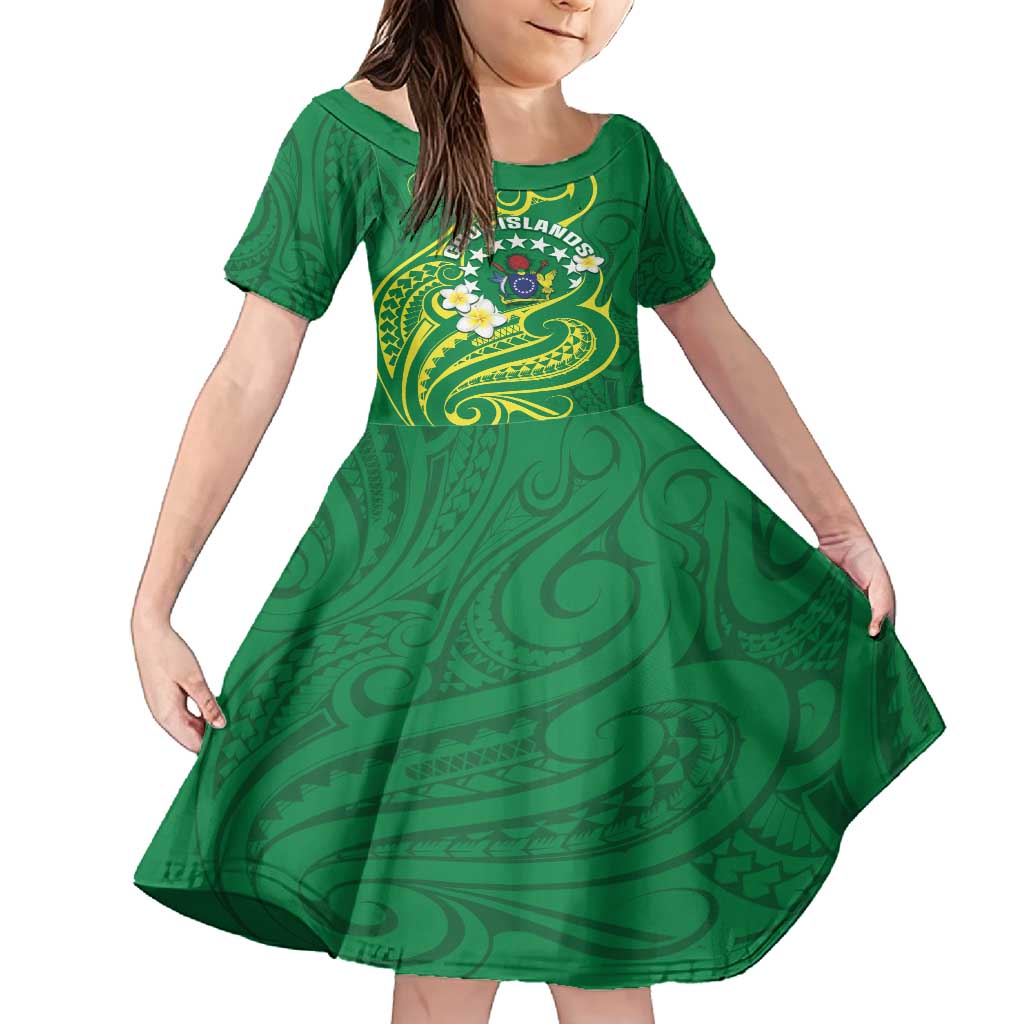 Cook Islands Happy Constitution Day Family Matching Long Sleeve Bodycon Dress and Hawaiian Shirt Pattern Tribal Art LT05 Daughter's Dress Green - Polynesian Pride