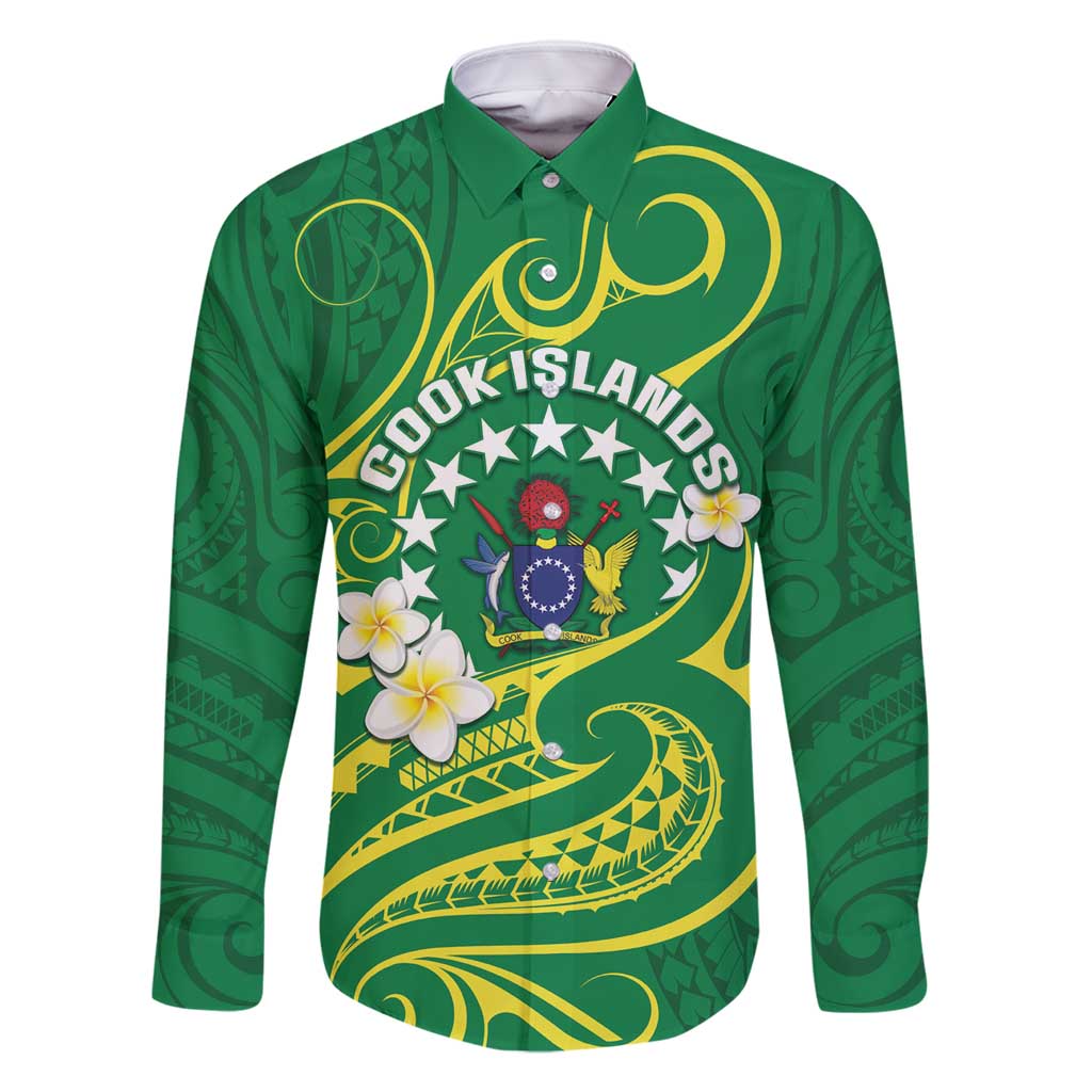 Cook Islands Happy Constitution Day Family Matching Mermaid Dress and Hawaiian Shirt Pattern Tribal Art LT05 Dad's Shirt - Long Sleeve Green - Polynesian Pride