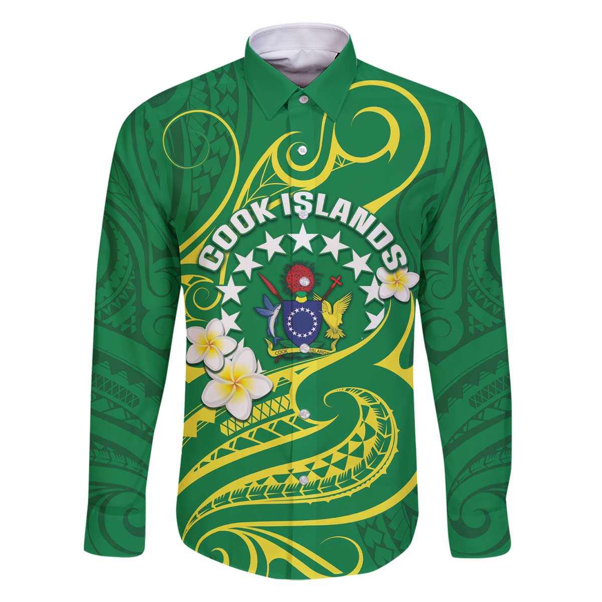 Cook Islands Happy Constitution Day Family Matching Off Shoulder Short Dress and Hawaiian Shirt Pattern Tribal Art LT05 Dad's Shirt - Long Sleeve Green - Polynesian Pride