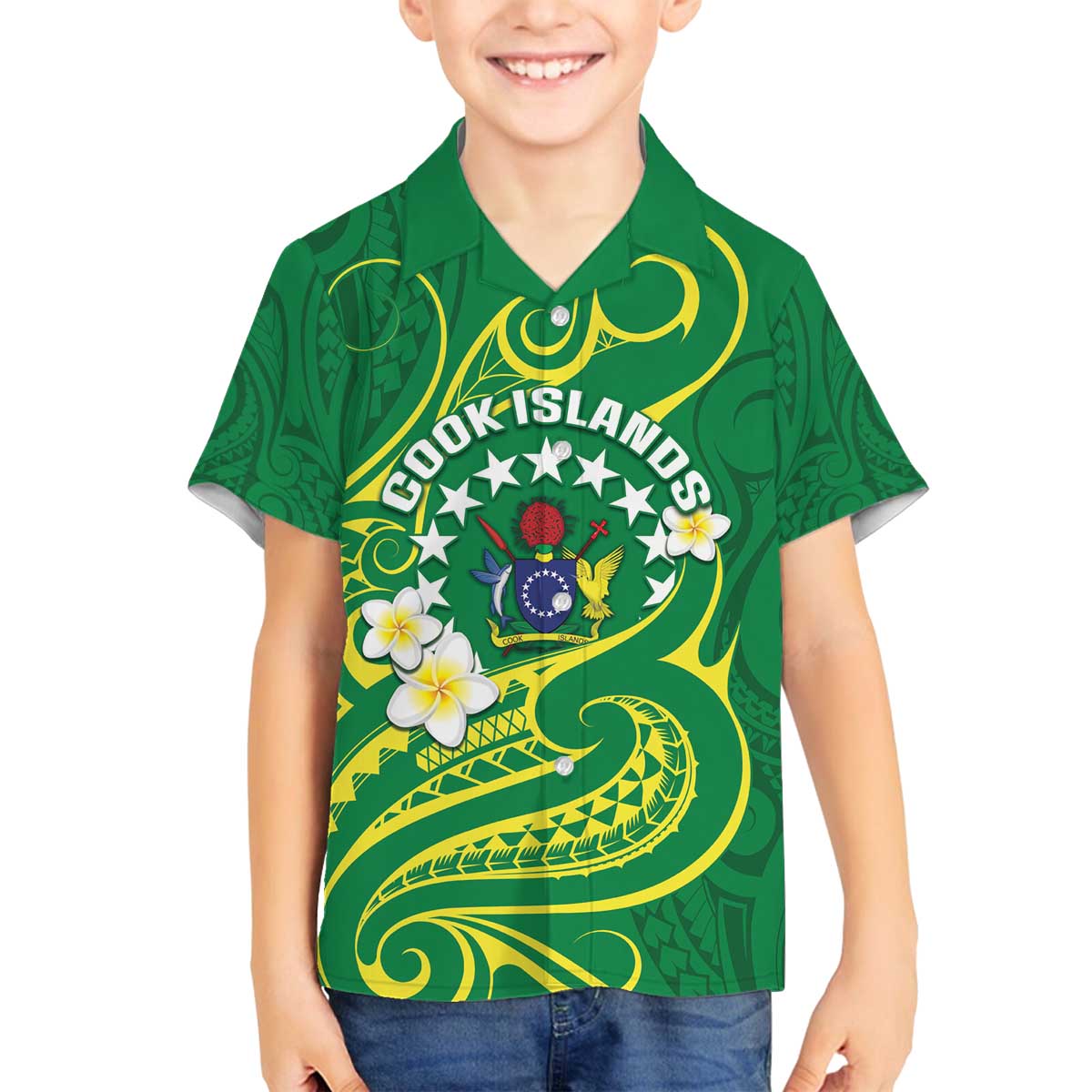 Cook Islands Happy Constitution Day Family Matching Off Shoulder Short Dress and Hawaiian Shirt Pattern Tribal Art LT05 Son's Shirt Green - Polynesian Pride
