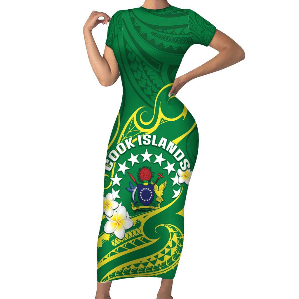 Cook Islands Happy Constitution Day Short Sleeve Bodycon Dress Pattern Tribal Art LT05 Long Dress Green - Polynesian Pride