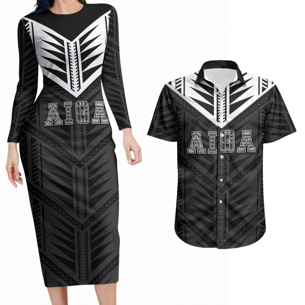 Samoa Aiga Couples Matching Long Sleeve Bodycon Dress and Hawaiian Shirt Samoan Tribal Pattern LT05 Black - Polynesian Pride