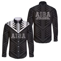 Samoa Aiga Family Matching Off Shoulder Short Dress and Hawaiian Shirt Samoan Tribal Pattern LT05 Dad's Shirt - Long Sleeve Black - Polynesian Pride