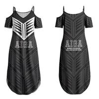 Samoa Aiga Family Matching Summer Maxi Dress and Hawaiian Shirt Samoan Tribal Pattern LT05 Mom's Dress Black - Polynesian Pride