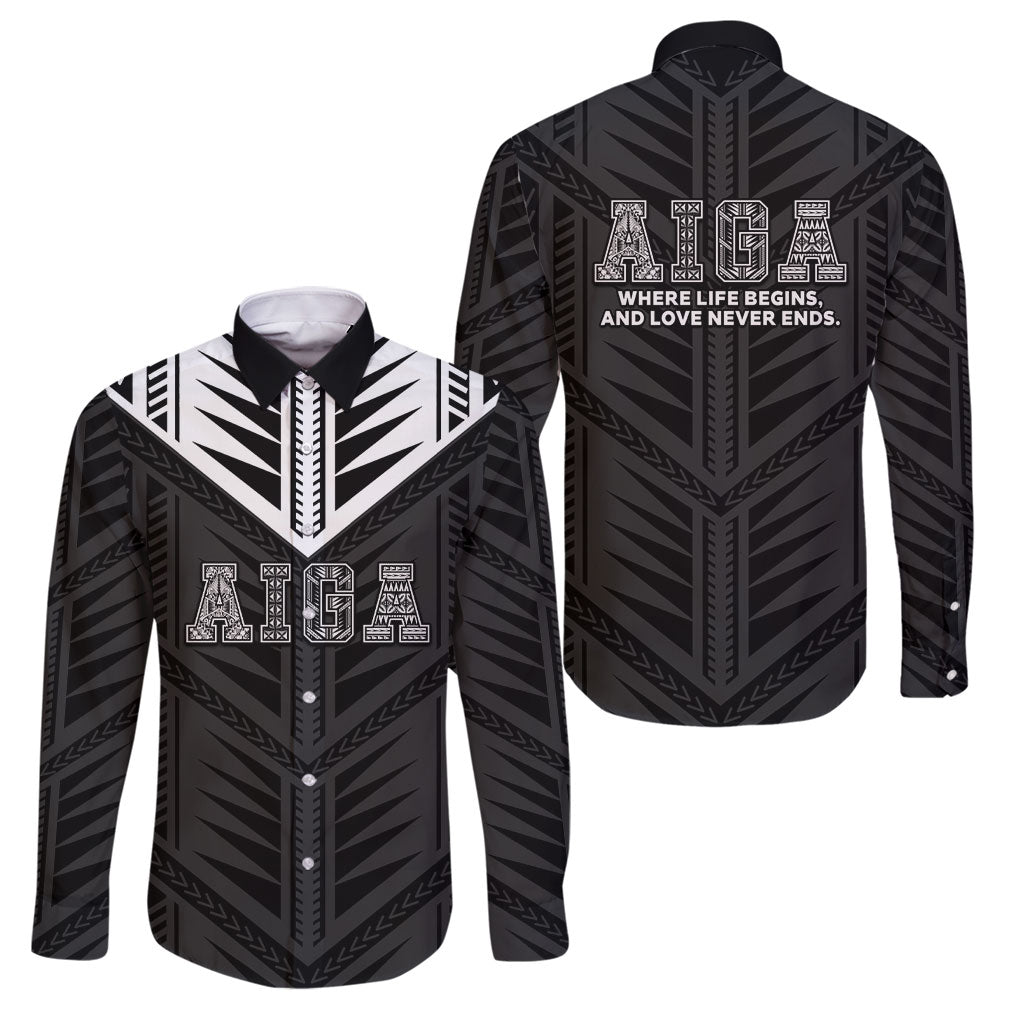 Samoa Aiga Family Matching Summer Maxi Dress and Hawaiian Shirt Samoan Tribal Pattern LT05 Dad's Shirt - Long Sleeve Black - Polynesian Pride