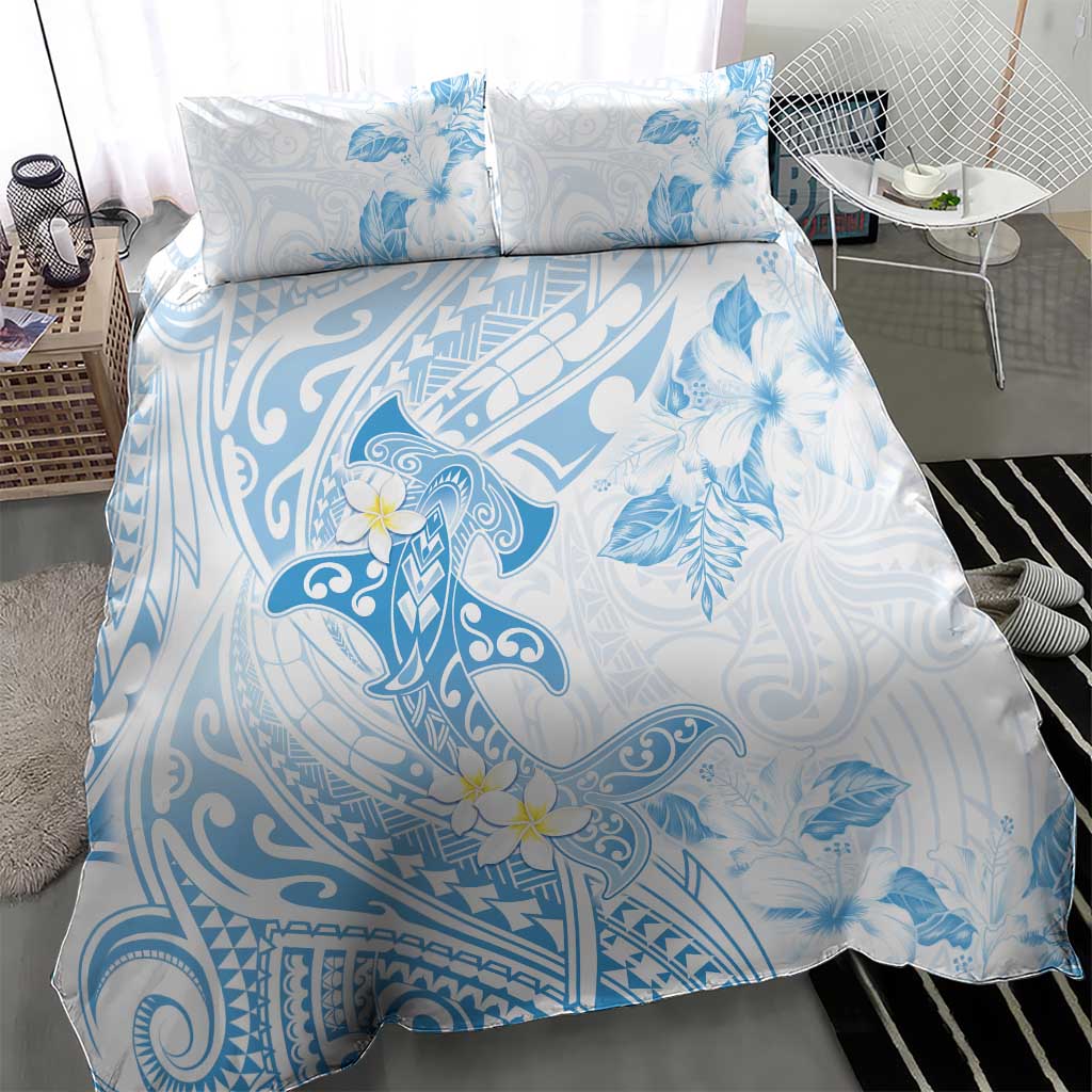 Polynesia Hammerhead Shark Bedding Set Tropical Flowers Tribal Pattern Blue