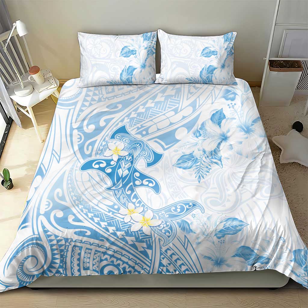 Polynesia Hammerhead Shark Bedding Set Tropical Flowers Tribal Pattern Blue