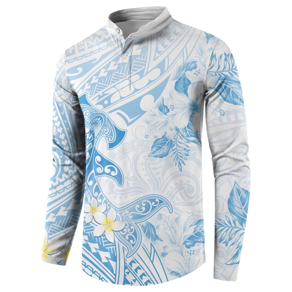 Polynesia Hammerhead Shark Button Sweatshirt Tropical Flowers Tribal Pattern Blue LT05 - Polynesian Pride