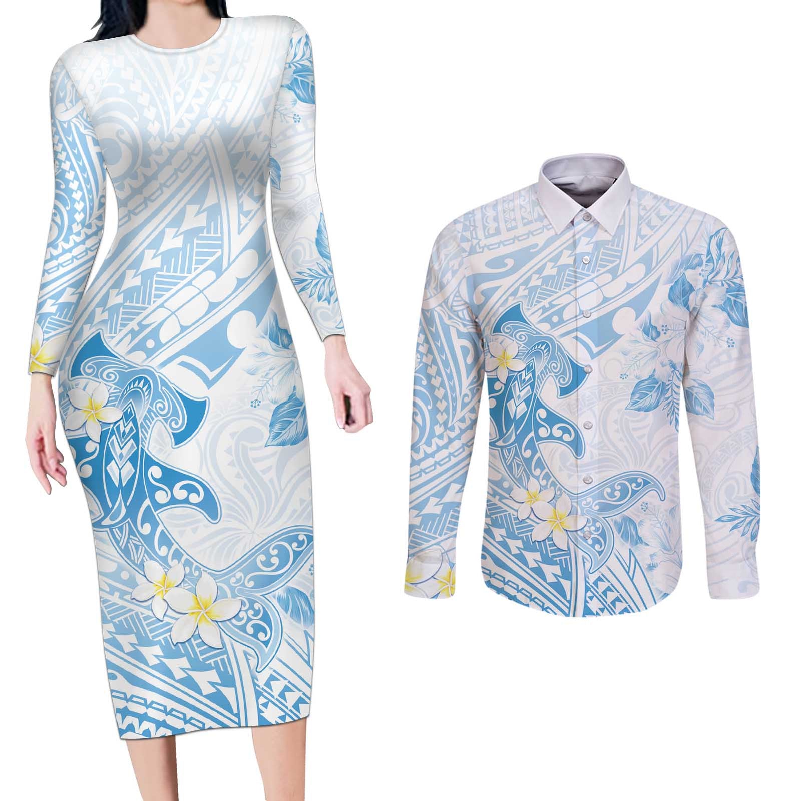 Polynesia Hammerhead Shark Couples Matching Long Sleeve Bodycon Dress and Long Sleeve Button Shirt Tropical Flowers Tribal Pattern Blue LT05 Blue - Polynesian Pride