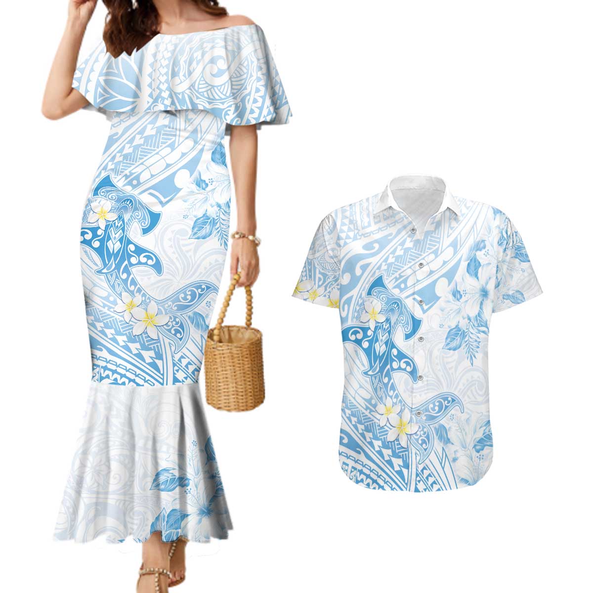 Polynesia Hammerhead Shark Couples Matching Mermaid Dress and Hawaiian Shirt Tropical Flowers Tribal Pattern Blue LT05 Blue - Polynesian Pride