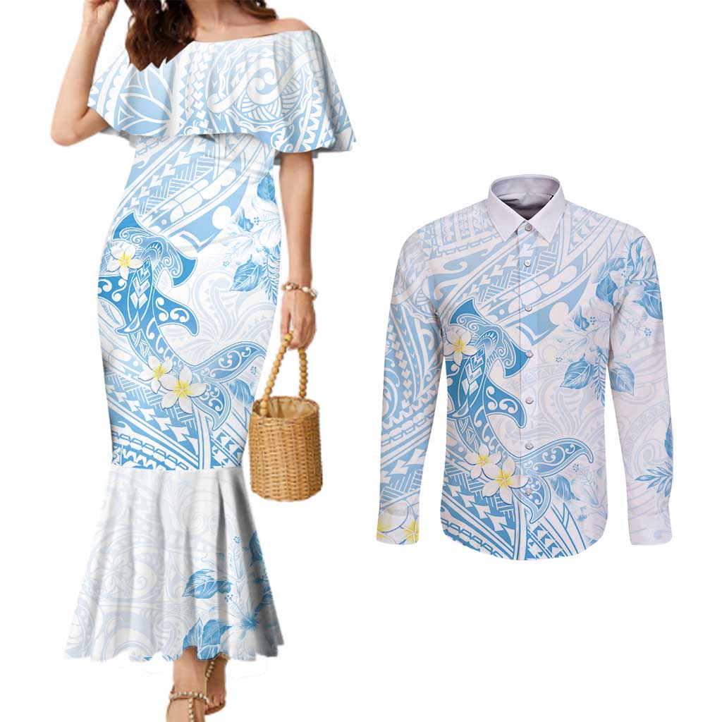 Polynesia Hammerhead Shark Couples Matching Mermaid Dress and Long Sleeve Button Shirt Tropical Flowers Tribal Pattern Blue LT05 Blue - Polynesian Pride