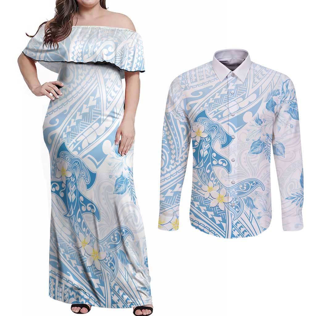 Polynesia Hammerhead Shark Couples Matching Off Shoulder Maxi Dress and Long Sleeve Button Shirt Tropical Flowers Tribal Pattern Blue LT05 Blue - Polynesian Pride