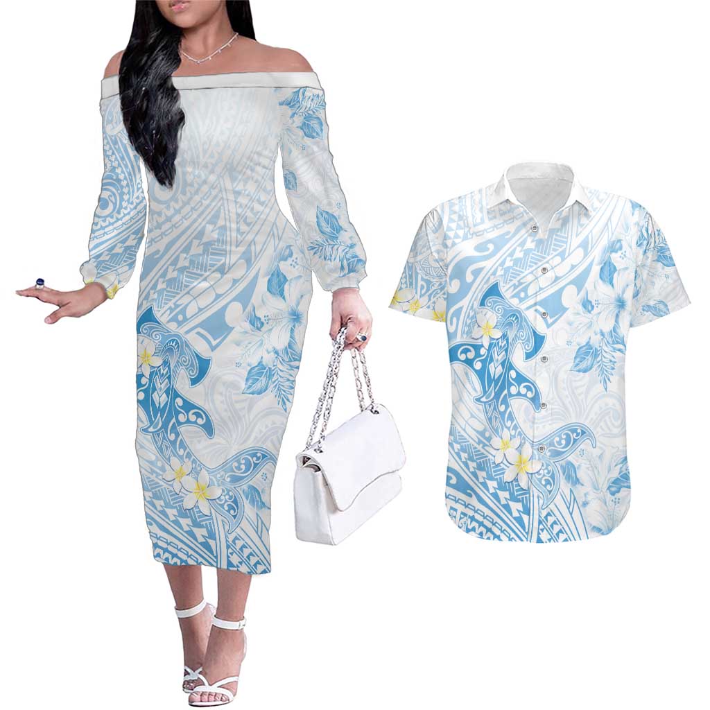 Polynesia Hammerhead Shark Couples Matching Off The Shoulder Long Sleeve Dress and Hawaiian Shirt Tropical Flowers Tribal Pattern Blue LT05 Blue - Polynesian Pride