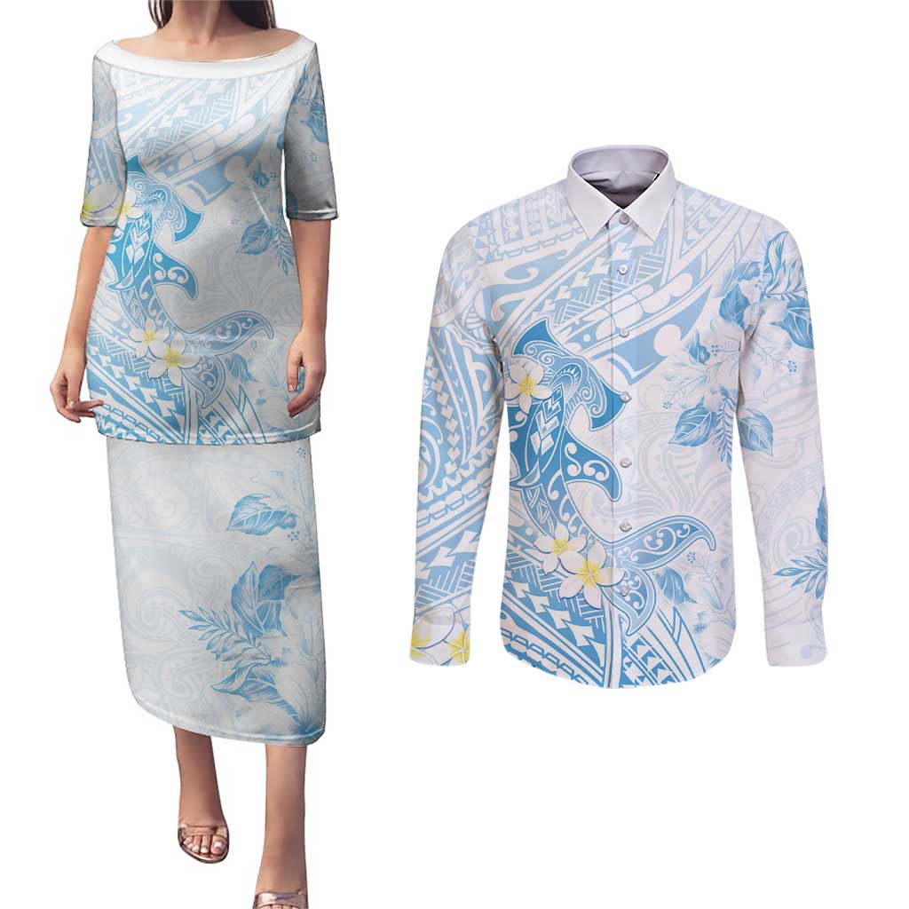 Polynesia Hammerhead Shark Couples Matching Puletasi and Long Sleeve Button Shirt Tropical Flowers Tribal Pattern Blue LT05 Blue - Polynesian Pride