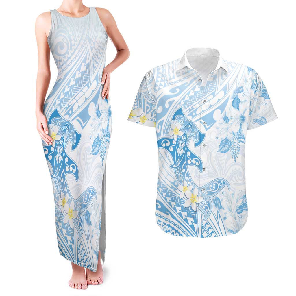 Polynesia Hammerhead Shark Couples Matching Tank Maxi Dress and Hawaiian Shirt Tropical Flowers Tribal Pattern Blue LT05 Blue - Polynesian Pride