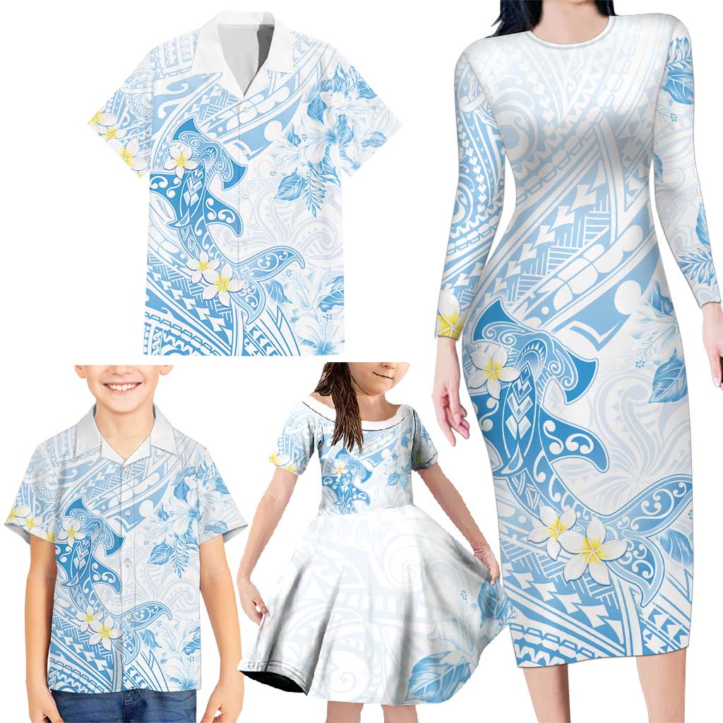 Polynesia Hammerhead Shark Family Matching Long Sleeve Bodycon Dress and Hawaiian Shirt Tropical Flowers Tribal Pattern Blue LT05 - Polynesian Pride