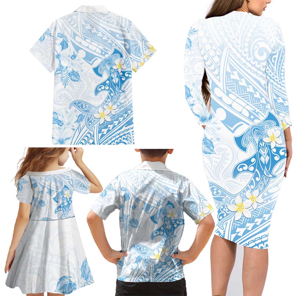 Polynesia Hammerhead Shark Family Matching Long Sleeve Bodycon Dress and Hawaiian Shirt Tropical Flowers Tribal Pattern Blue LT05 - Polynesian Pride