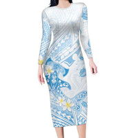 Polynesia Hammerhead Shark Family Matching Long Sleeve Bodycon Dress and Hawaiian Shirt Tropical Flowers Tribal Pattern Blue LT05 Mom's Dress Blue - Polynesian Pride