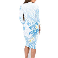 Polynesia Hammerhead Shark Family Matching Long Sleeve Bodycon Dress and Hawaiian Shirt Tropical Flowers Tribal Pattern Blue LT05 - Polynesian Pride