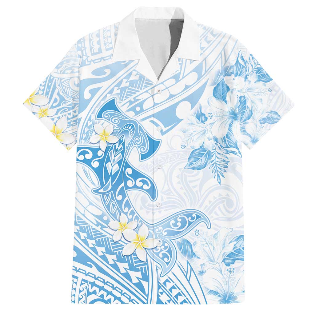 Polynesia Hammerhead Shark Family Matching Off Shoulder Maxi Dress and Hawaiian Shirt Tropical Flowers Tribal Pattern Blue