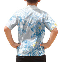 Polynesia Hammerhead Shark Family Matching Off Shoulder Short Dress and Hawaiian Shirt Tropical Flowers Tribal Pattern Blue LT05 - Polynesian Pride