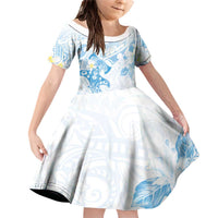 Polynesia Hammerhead Shark Family Matching Off Shoulder Short Dress and Hawaiian Shirt Tropical Flowers Tribal Pattern Blue LT05 Daughter's Dress Blue - Polynesian Pride