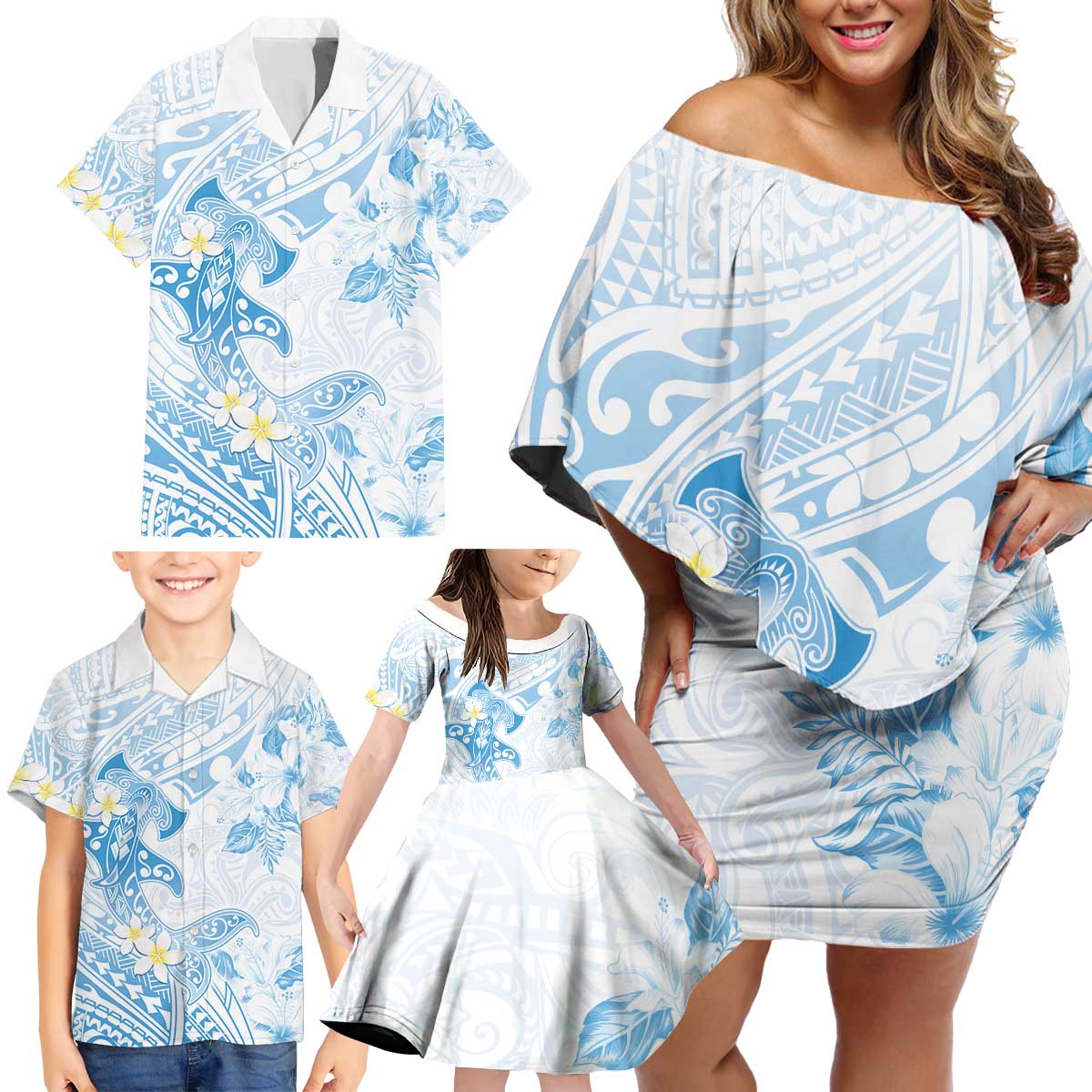 Polynesia Hammerhead Shark Family Matching Off Shoulder Short Dress and Hawaiian Shirt Tropical Flowers Tribal Pattern Blue LT05 - Polynesian Pride