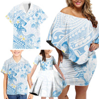 Polynesia Hammerhead Shark Family Matching Off Shoulder Short Dress and Hawaiian Shirt Tropical Flowers Tribal Pattern Blue LT05 - Polynesian Pride