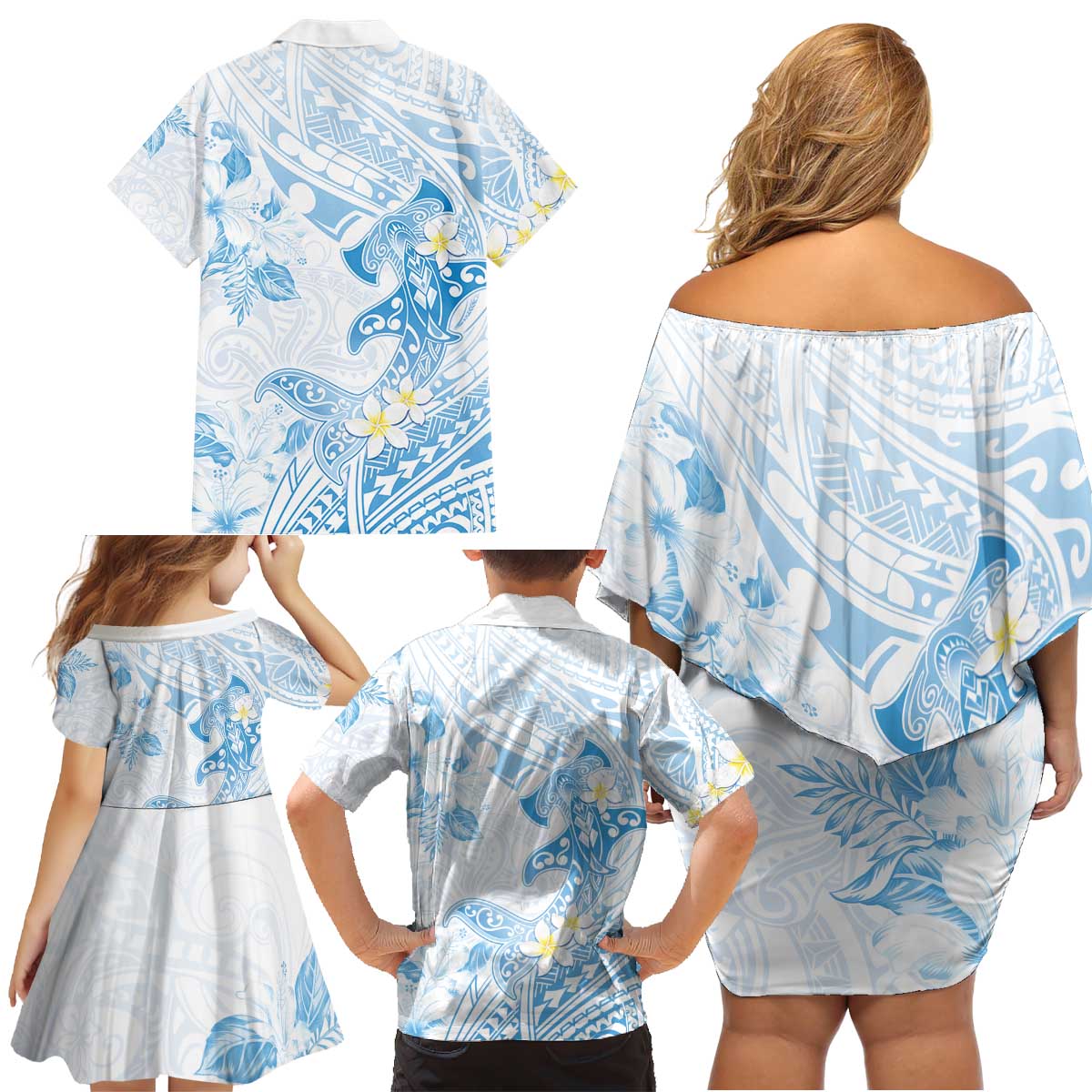 Polynesia Hammerhead Shark Family Matching Off Shoulder Short Dress and Hawaiian Shirt Tropical Flowers Tribal Pattern Blue LT05 - Polynesian Pride