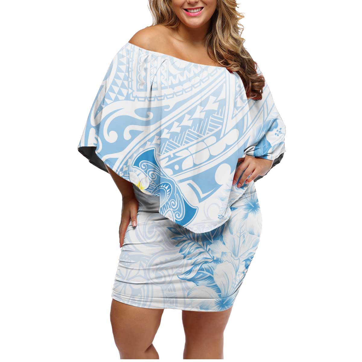 Polynesia Hammerhead Shark Family Matching Off Shoulder Short Dress and Hawaiian Shirt Tropical Flowers Tribal Pattern Blue LT05 Mom's Dress Blue - Polynesian Pride