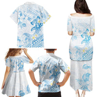 Polynesia Hammerhead Shark Family Matching Puletasi and Hawaiian Shirt Tropical Flowers Tribal Pattern Blue