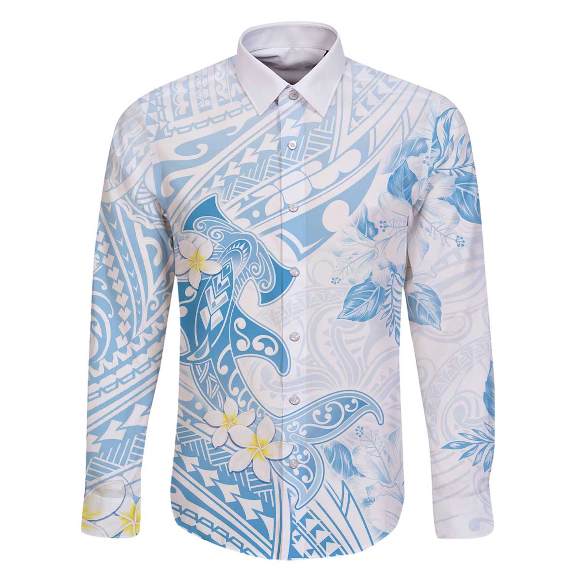 Polynesia Hammerhead Shark Family Matching Puletasi and Hawaiian Shirt Tropical Flowers Tribal Pattern Blue