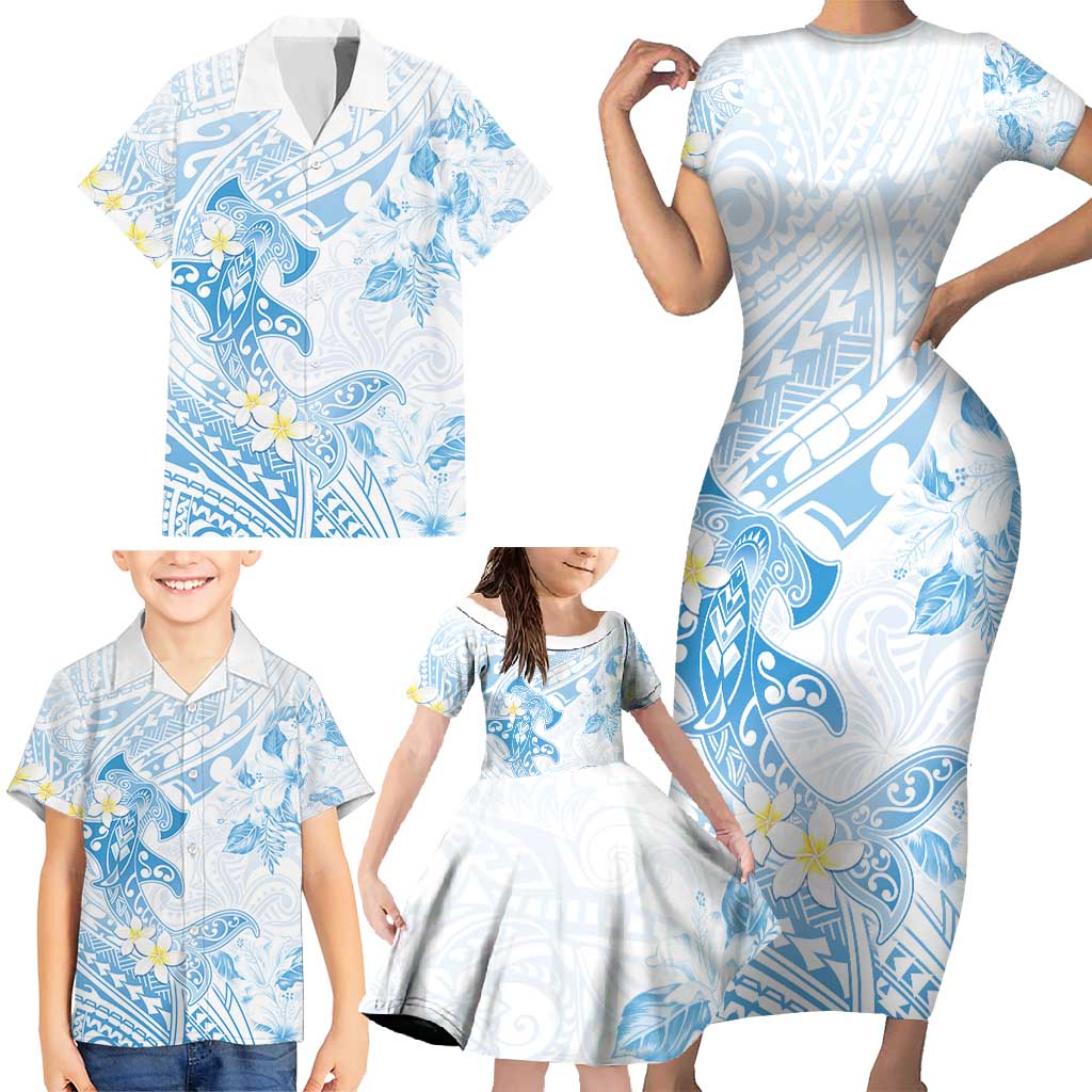 Polynesia Hammerhead Shark Family Matching Short Sleeve Bodycon Dress and Hawaiian Shirt Tropical Flowers Tribal Pattern Blue LT05 - Polynesian Pride