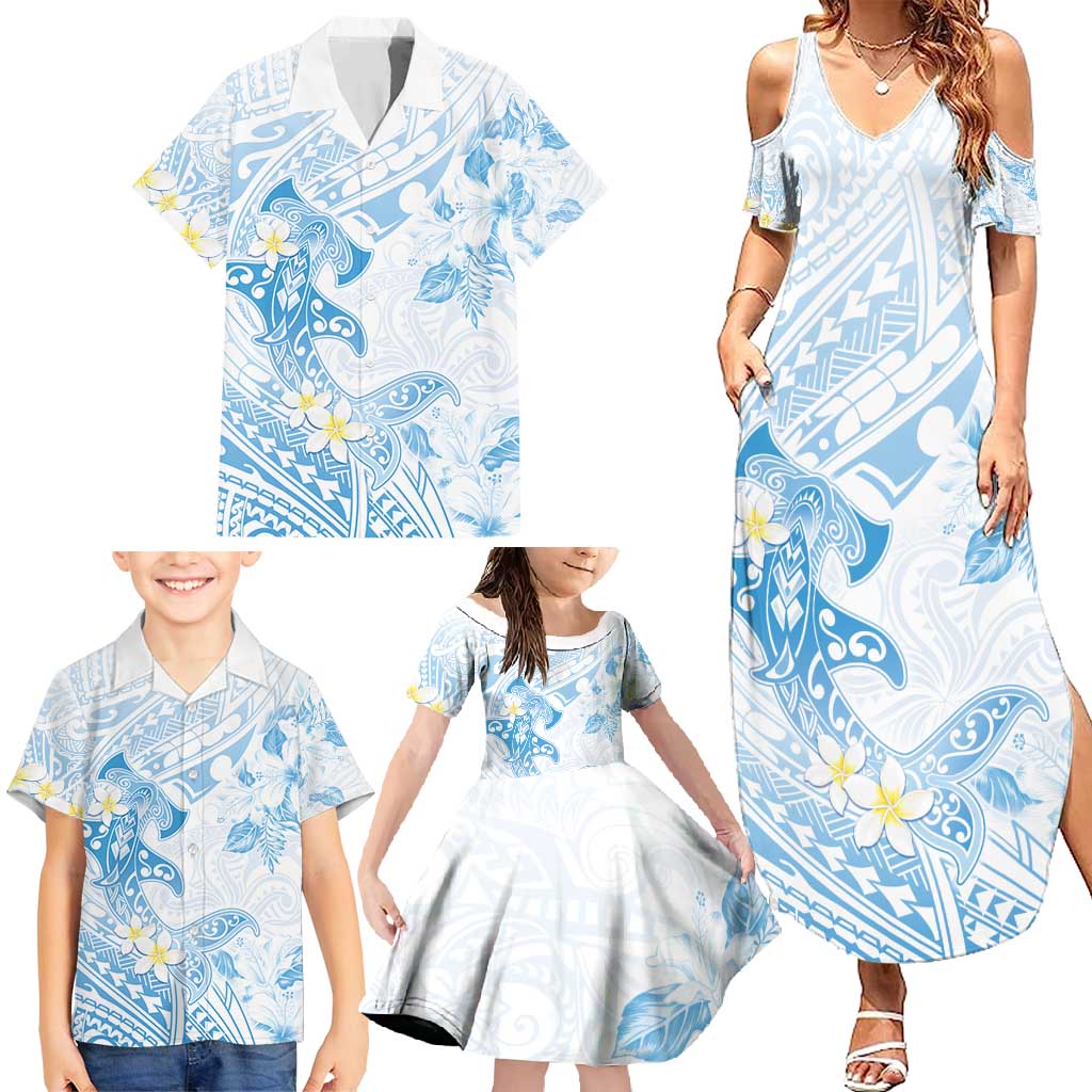 Polynesia Hammerhead Shark Family Matching Summer Maxi Dress and Hawaiian Shirt Tropical Flowers Tribal Pattern Blue LT05 - Polynesian Pride