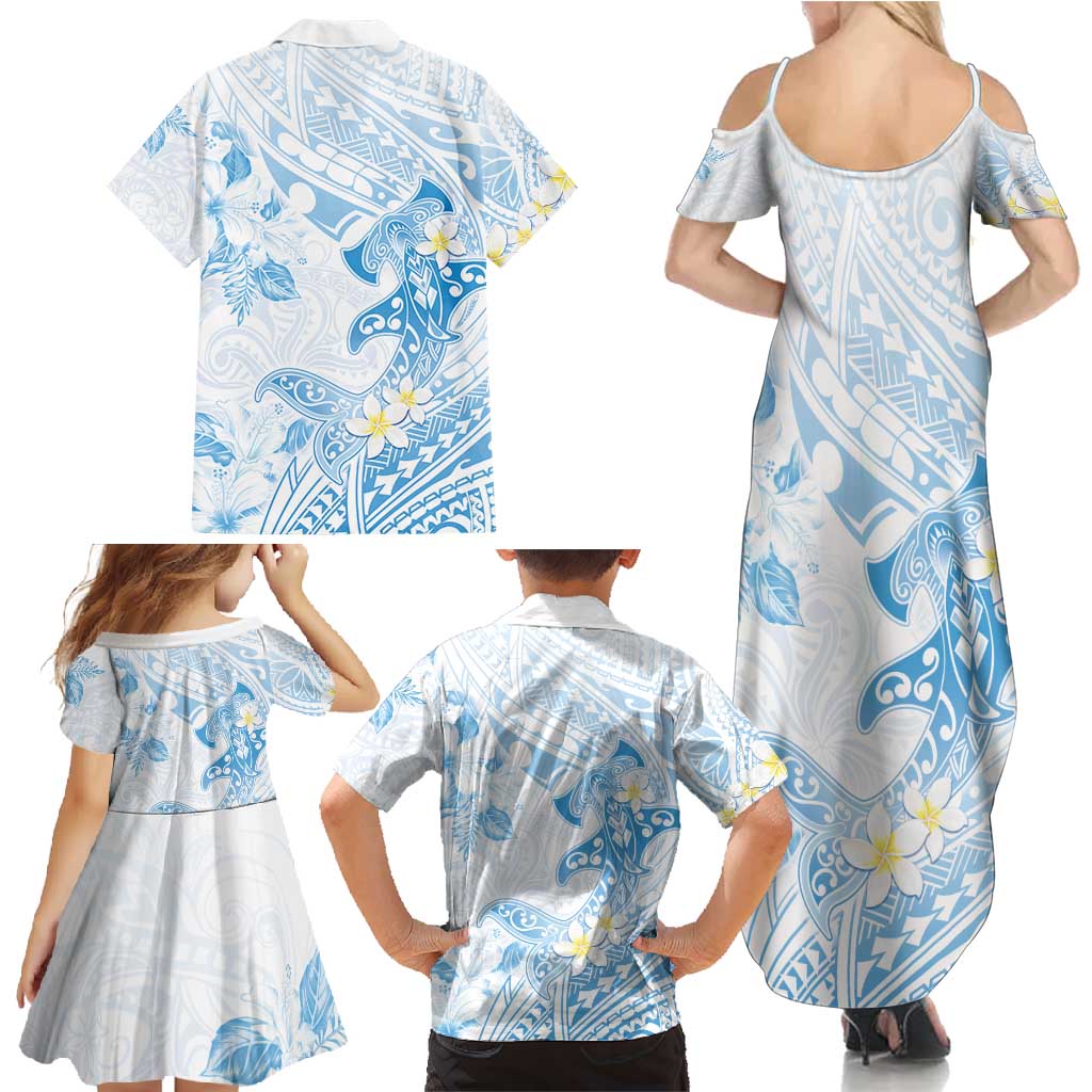 Polynesia Hammerhead Shark Family Matching Summer Maxi Dress and Hawaiian Shirt Tropical Flowers Tribal Pattern Blue LT05 - Polynesian Pride