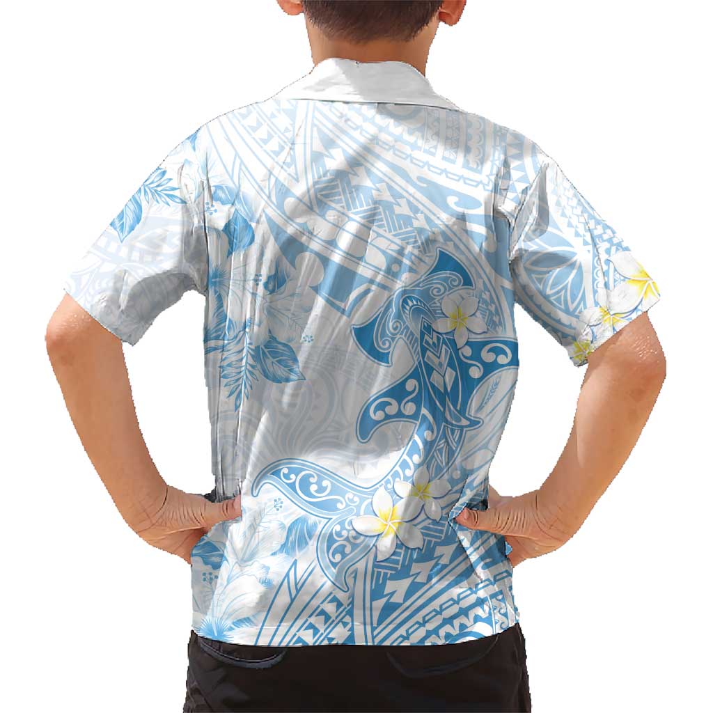 Polynesia Hammerhead Shark Hawaiian Shirt Tropical Flowers Tribal Pattern Blue