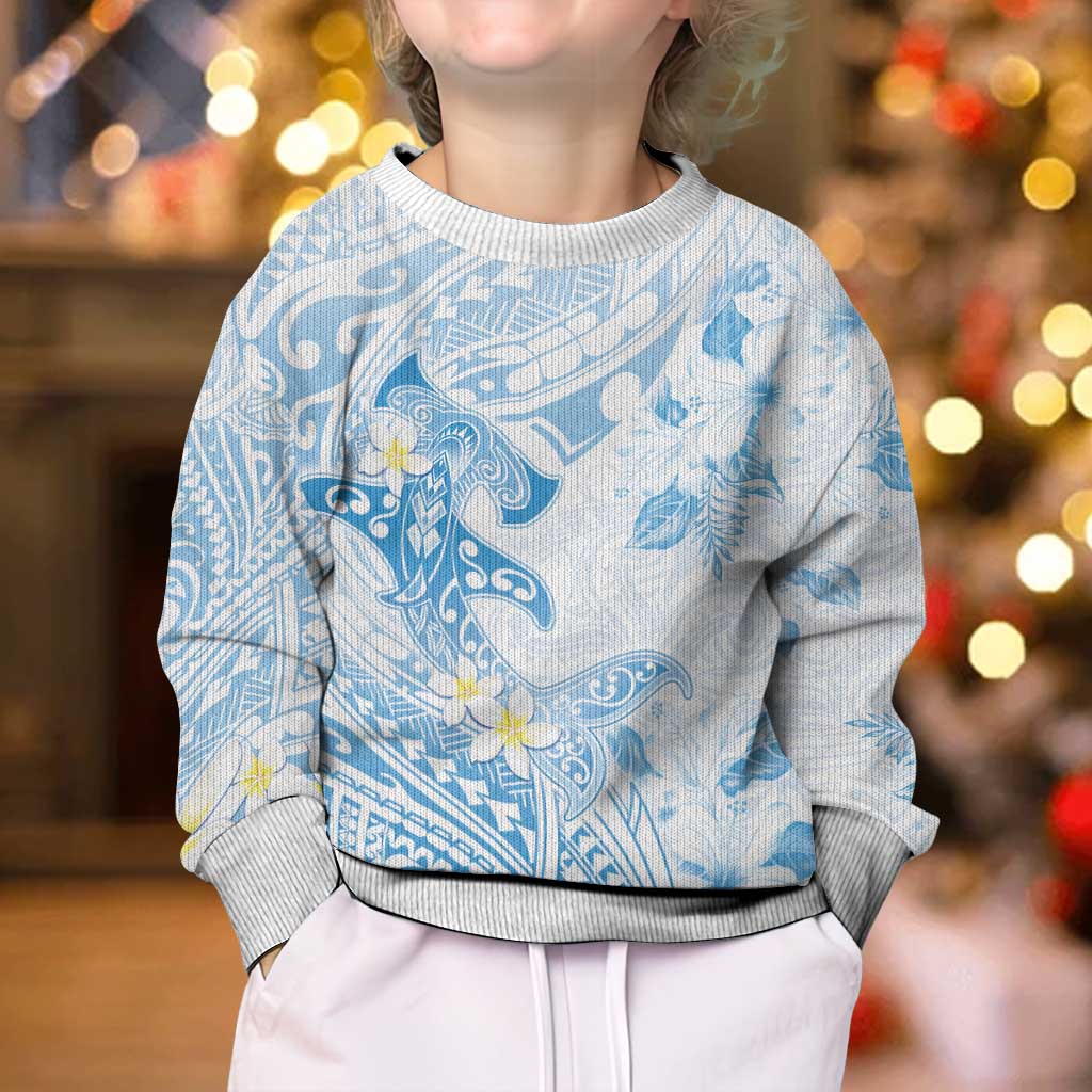 Polynesia Hammerhead Shark Kid Ugly Christmas Sweater Tropical Flowers Tribal Pattern Blue