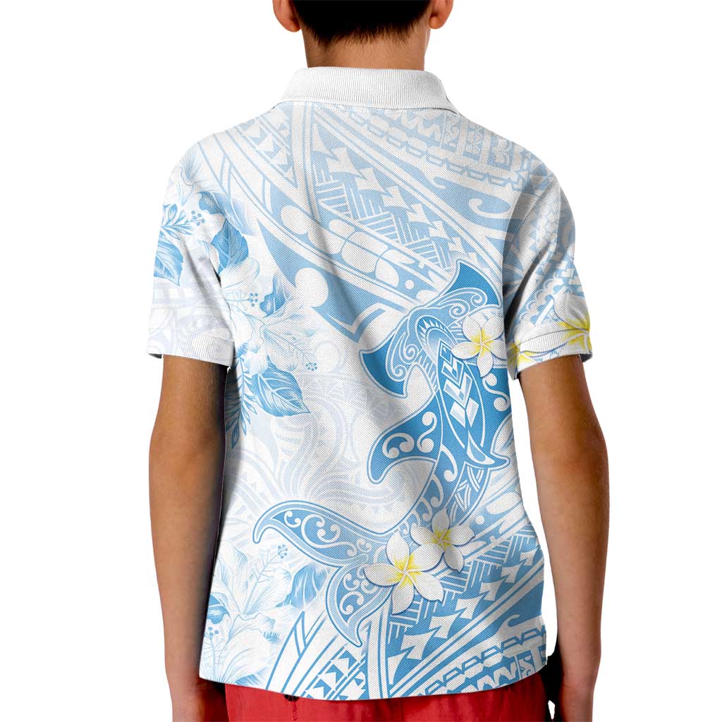 Polynesia Hammerhead Shark Kid Polo Shirt Tropical Flowers Tribal Pattern Blue