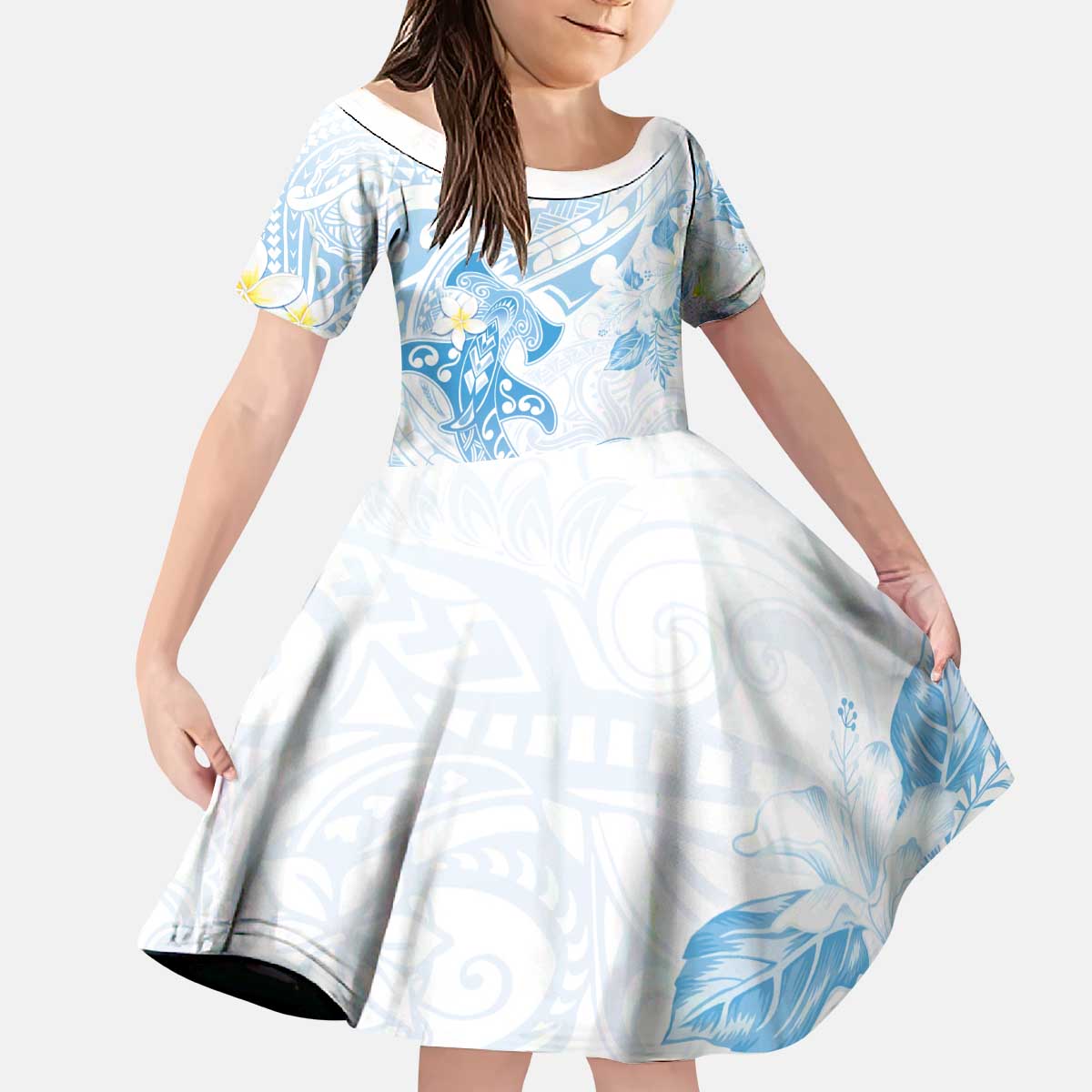 Polynesia Hammerhead Shark Kid Short Sleeve Dress Tropical Flowers Tribal Pattern Blue