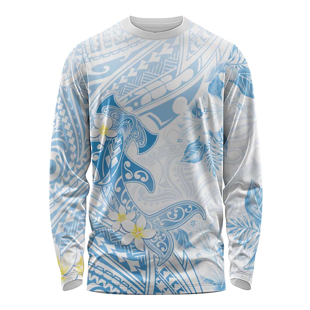 Polynesia Hammerhead Shark Long Sleeve Shirt Tropical Flowers Tribal Pattern Blue LT05 Unisex Blue - Polynesian Pride