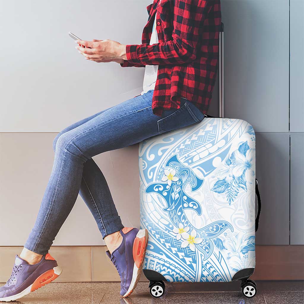 Polynesia Hammerhead Shark Luggage Cover Tropical Flowers Tribal Pattern Blue