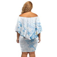 Polynesia Hammerhead Shark Off Shoulder Short Dress Tropical Flowers Tribal Pattern Blue