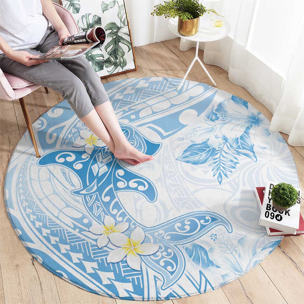 Polynesia Hammerhead Shark Round Carpet Tropical Flowers Tribal Pattern Blue LT05 - Polynesian Pride