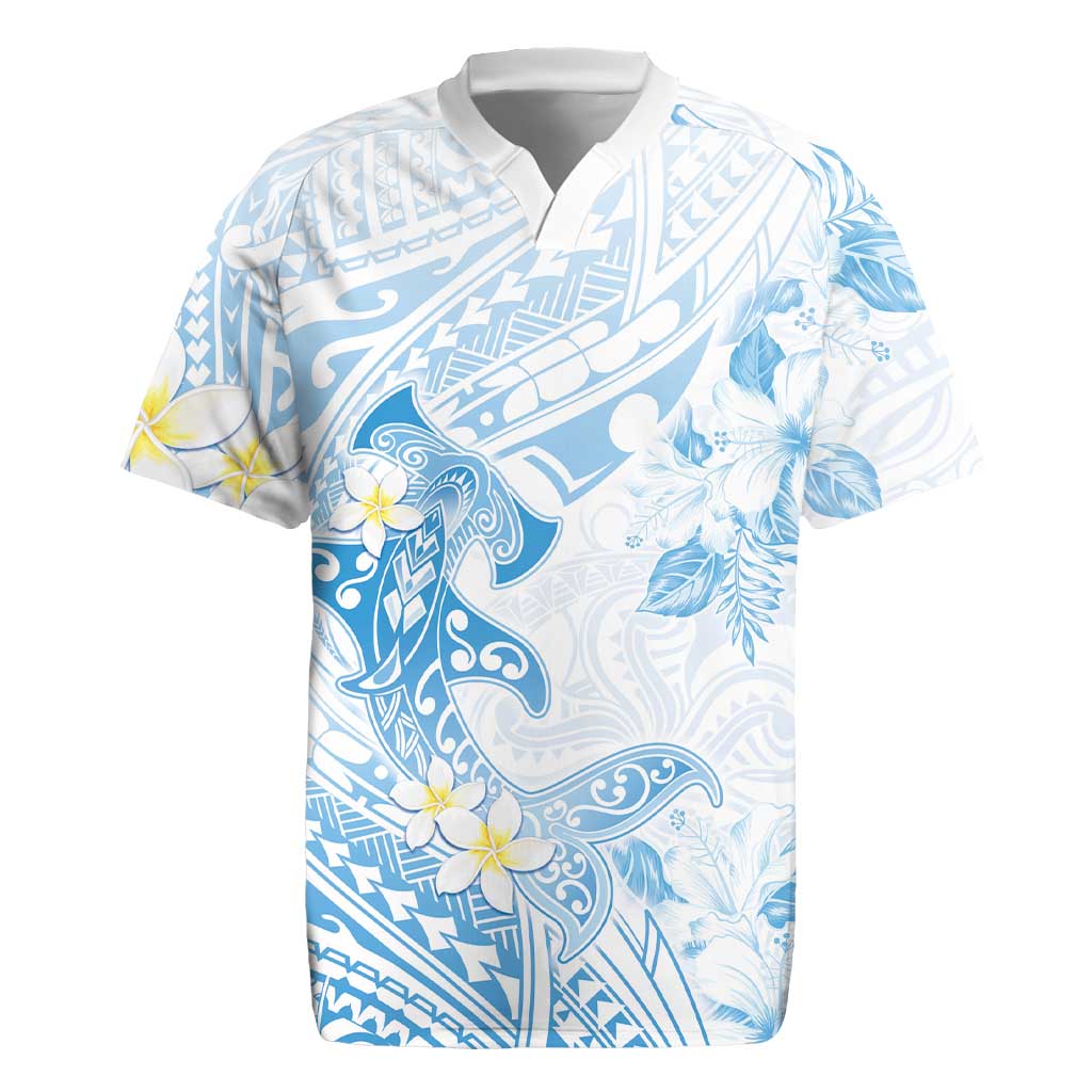 Polynesia Hammerhead Shark Rugby Jersey Tropical Flowers Tribal Pattern Blue