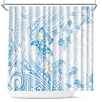 Polynesia Hammerhead Shark Shower Curtain Tropical Flowers Tribal Pattern Blue